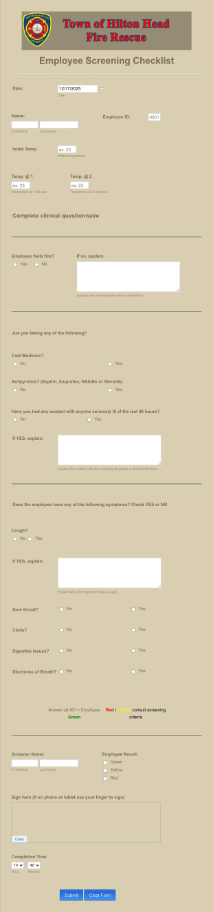 Employee COVID 19 Screening Checklist Form Template