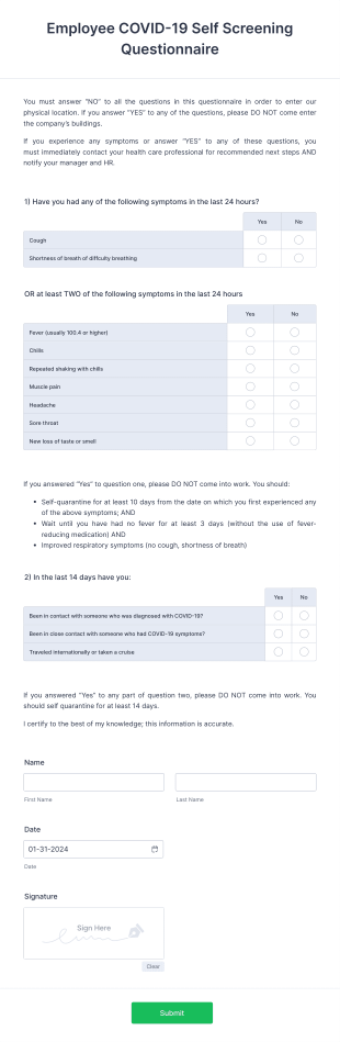 Employee COVID 19 Self Screening Questionnaire Form Template