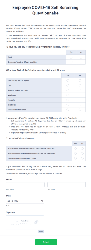 Employee COVID 19 Self Screening Questionnaire Form Template