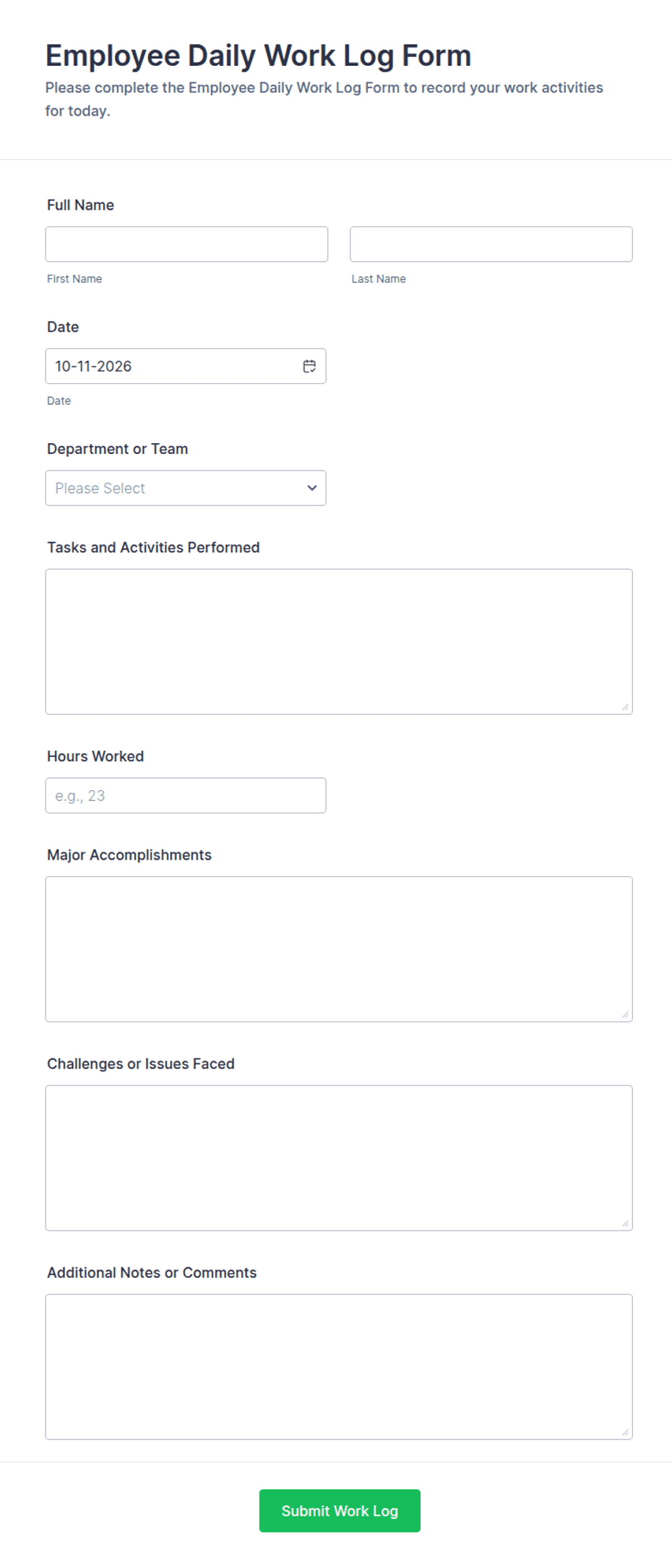 Employee Daily Work Log Form Template | Jotform