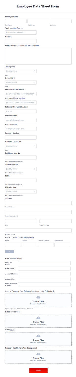 Employee Data Sheet Form Template