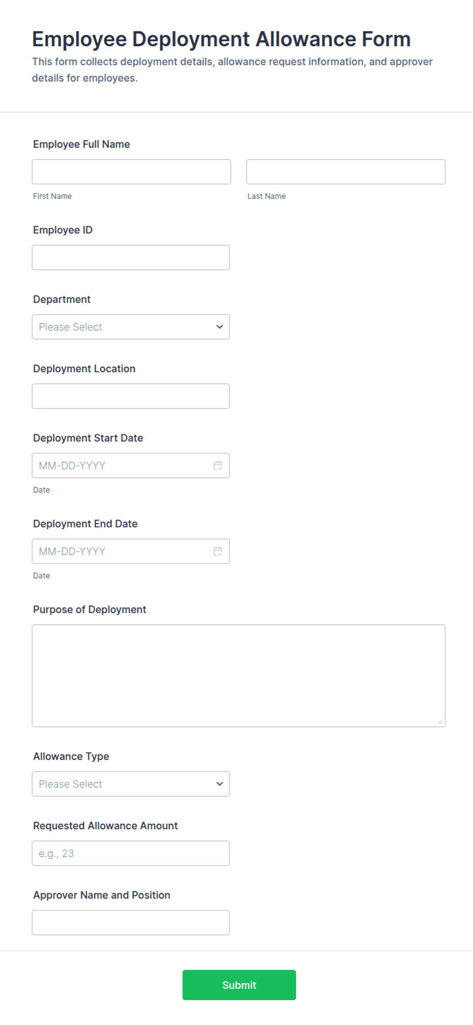 Deployment Transfer Form Employee Deployment Allowance Form Template | Jotform