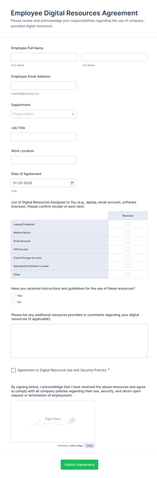 Employee Digital Resources Agreement Form Template