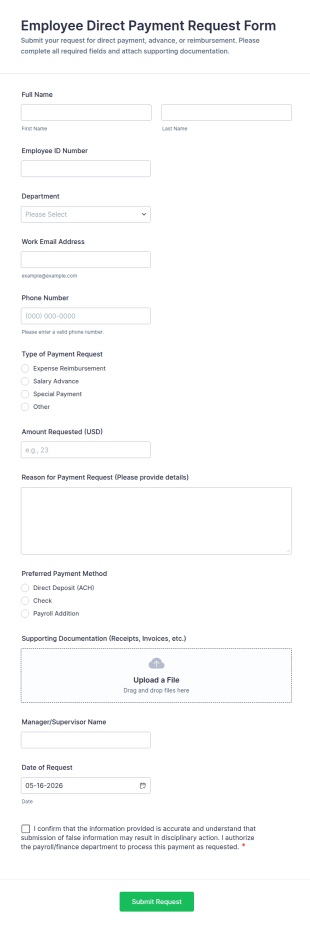 Employee Direct Payment Request Form Template