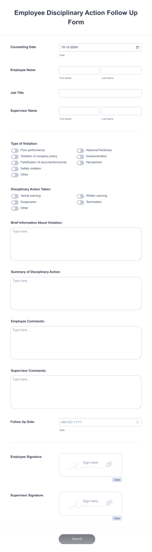 Employee Disciplinary Action Follow Up Form Template