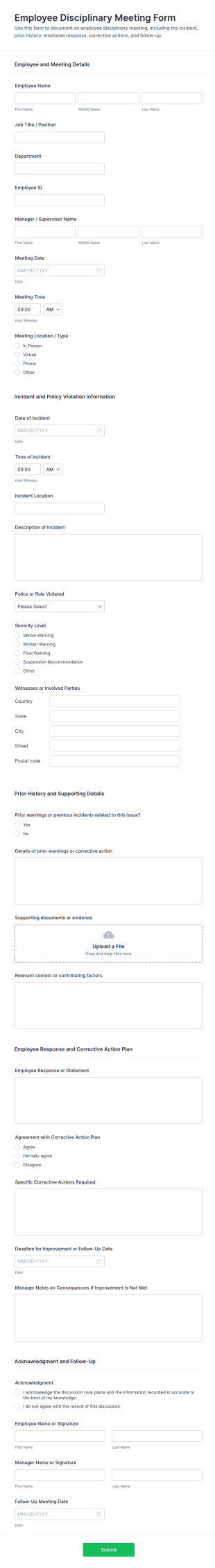 Employee Disciplinary Meeting Form Template