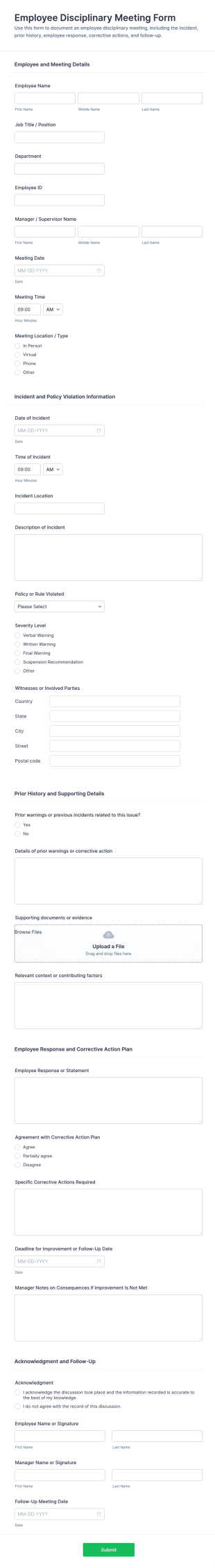 Employee Disciplinary Meeting Form Template