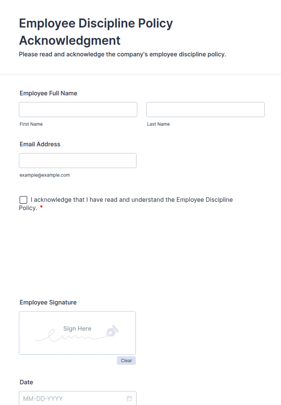 Employee Discipline Policy Acknowledgment Form Template Jotform