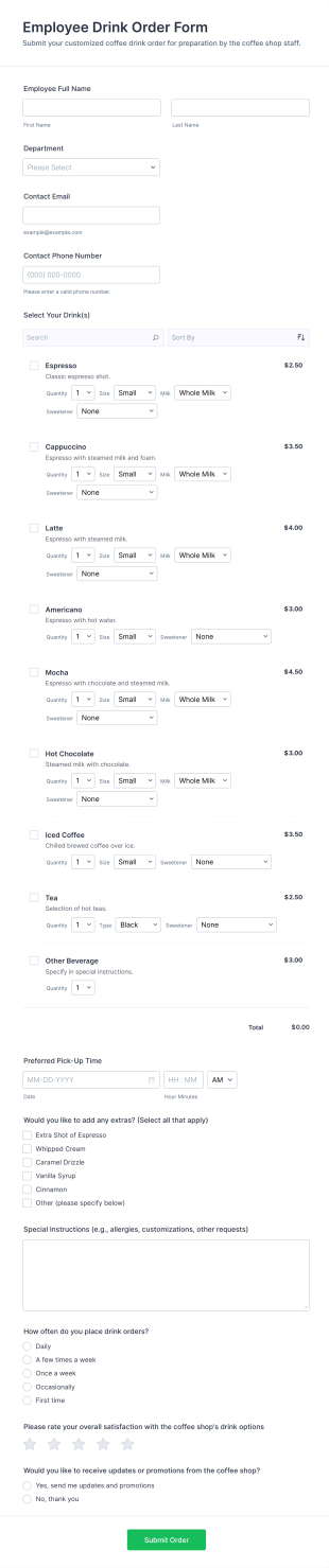 Employee Drink Order Form Template