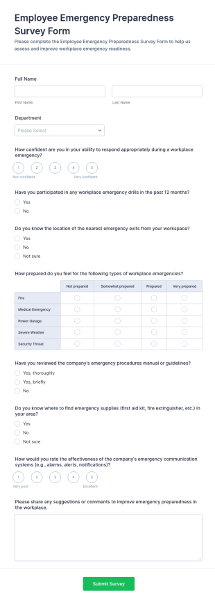 Employee Emergency Preparedness Survey Form Template