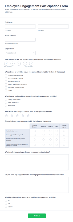 Employee Engagement Participation Form Template