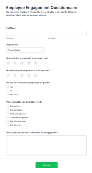Employee Engagement Questionnaire Form Template