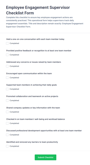 Employee Engagement Supervisor Checklist Form Template