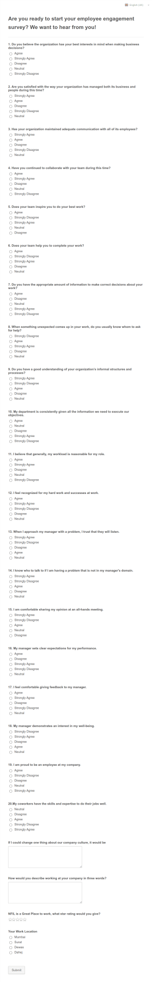 Employee Engagment Survey Form Template