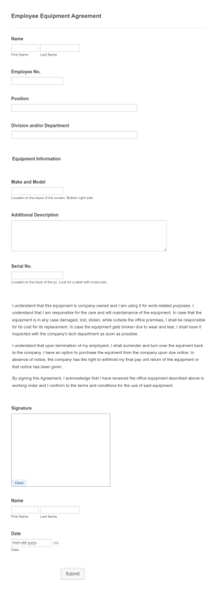 Employee Equipment Agreement Form Template