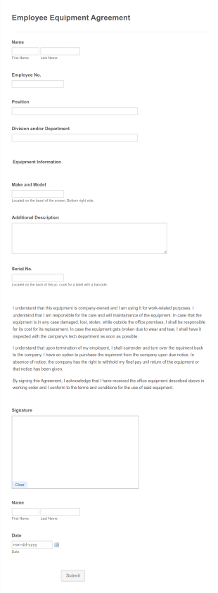 Employee Equipment Agreement Form Template