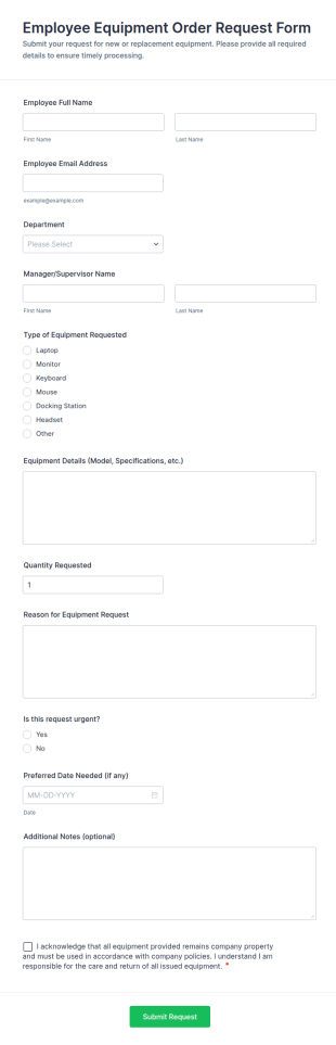 Employee Equipment Order Request Form Template