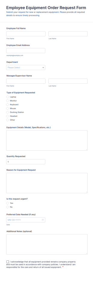 Employee Equipment Order Request Form Template