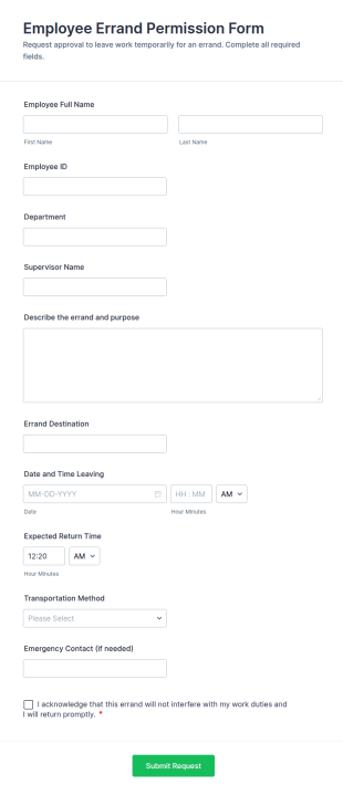 Employee Errand Permission Form Template