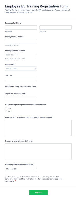 Employee EV Training Registration Form Template