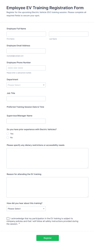 Employee EV Training Registration Form Template