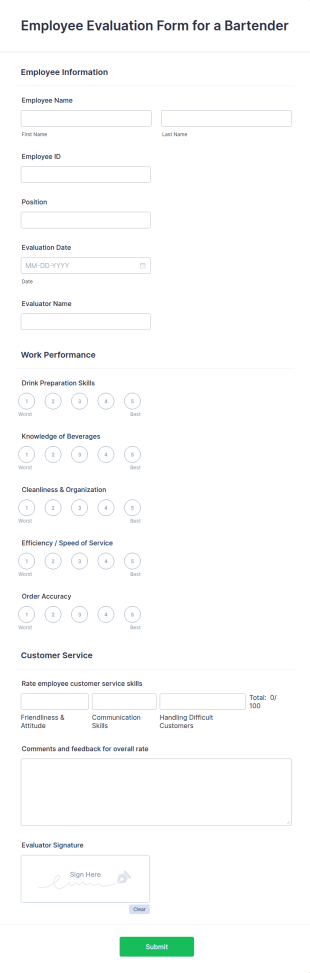 Employee Evaluation Form For A Bartender