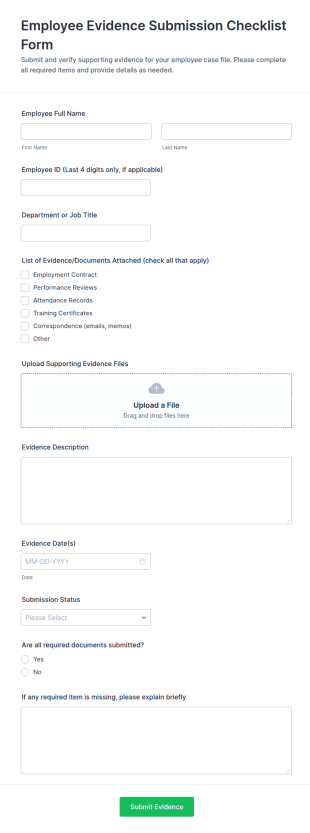 Employee Evidence Submission Checklist Form Template