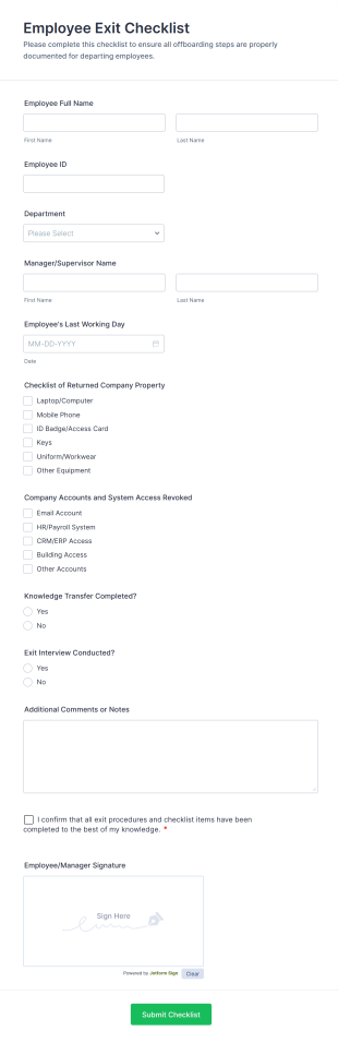 Employee Exit Checklist Form Template