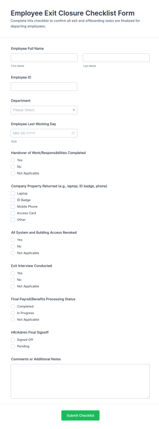 Employee Exit Closure Checklist Form Template