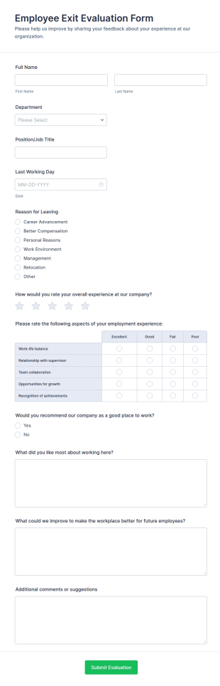 Employee Exit Evaluation Form Template