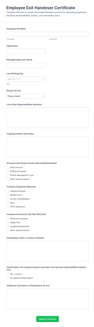 Employee Exit Handover Certificate Form Template