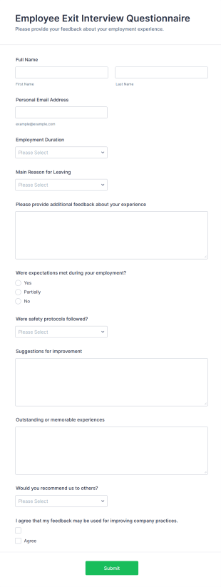 Employee Exit Interview Questionnaire Form Template