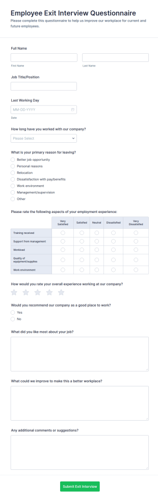 Employee Exit Interview Questionnaire Form Template
