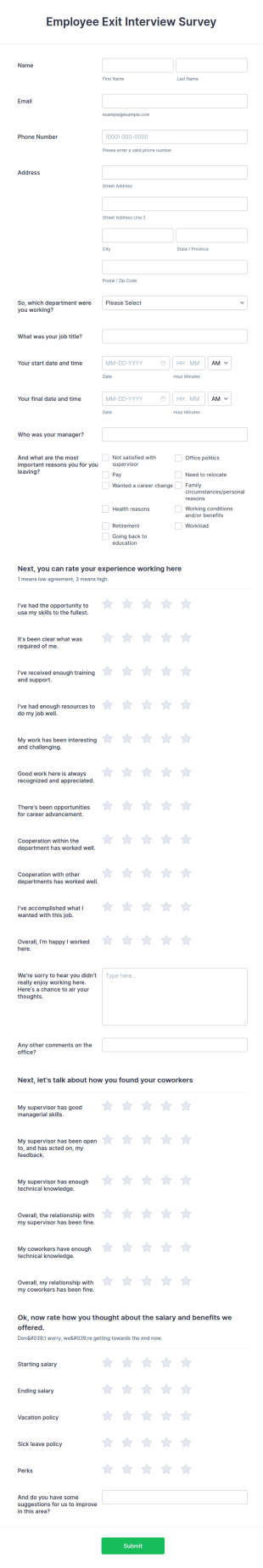 Employee Exit Interview Survey Form Template