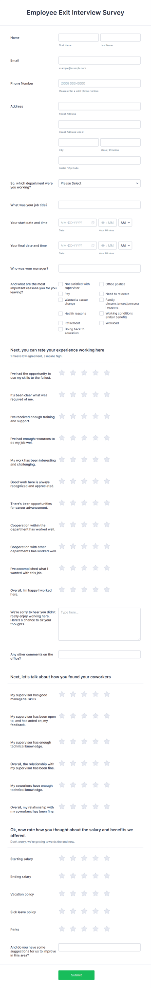 Employee Exit Interview Survey Form Template