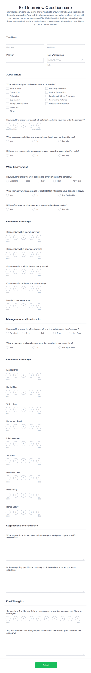 Employee Exit Interview Form Template