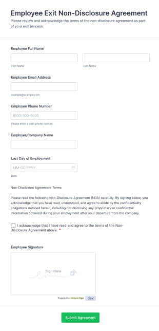 Employee Exit Non Disclosure Agreement Form Template