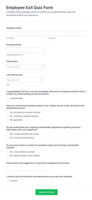 Employee Exit Quiz Form Template