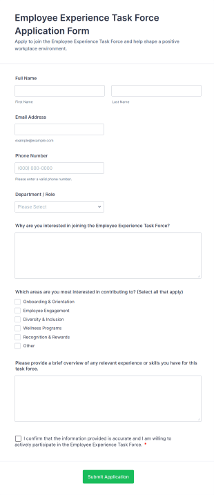 Employee Experience Task Force Application Form Form Template