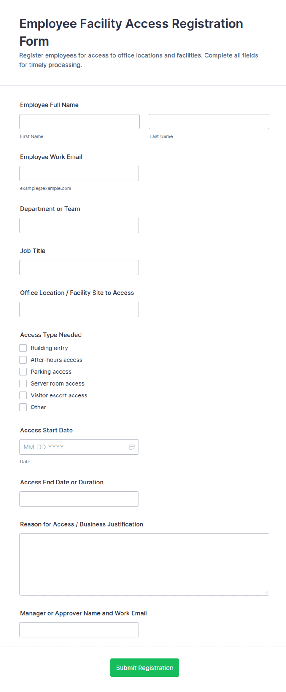 Employee Facility Access Registration Form Template | Jotform