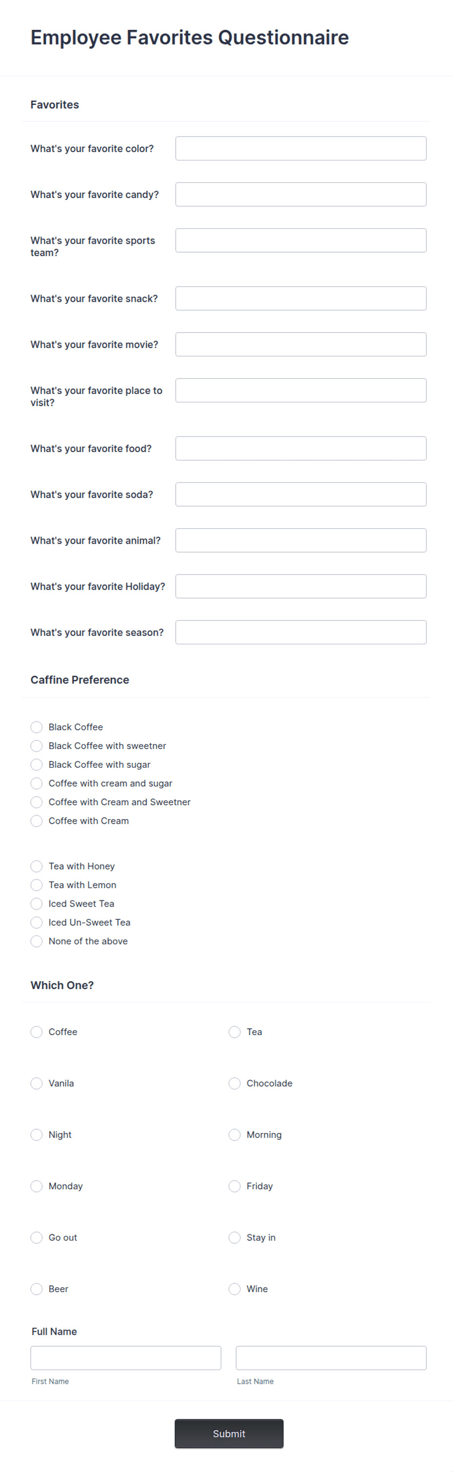 Employee Favorites Questionnaire Form Template Jotform