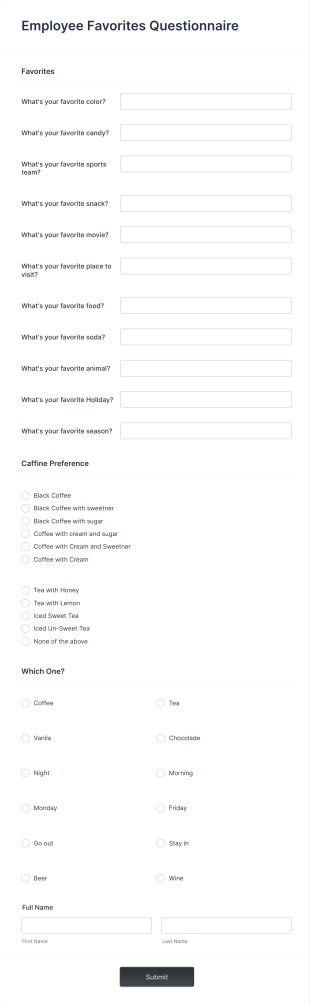 Employee Favorites Questionnaire Form Template