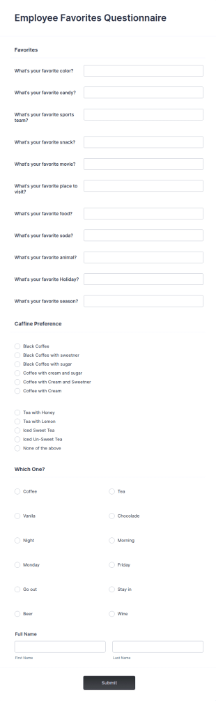 Employee Favorites Questionnaire Form Template