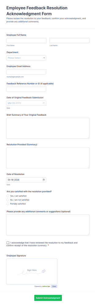 Employee Feedback Resolution Acknowledgment Form Template