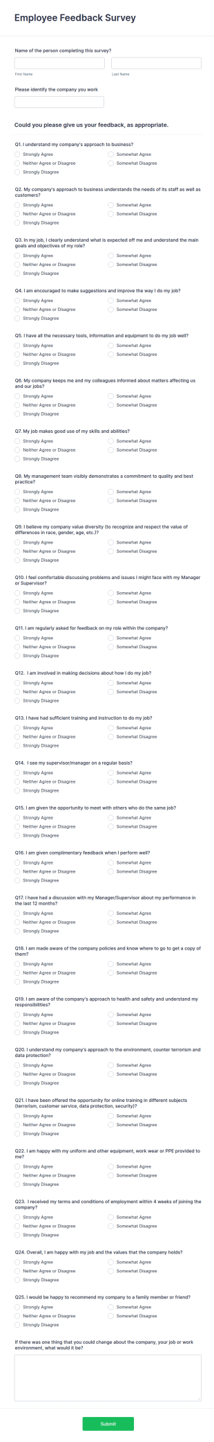 Employee Feedback Survey Form Template