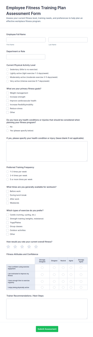 Employee Fitness Training Plan Assessment Form Template