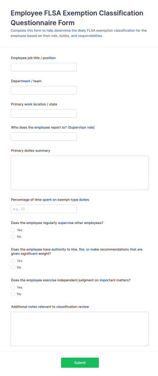 Employee FLSA Exemption Classification Questionnaire Form Template