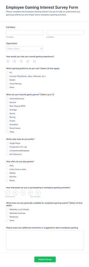 Employee Gaming Interest Survey Form Template