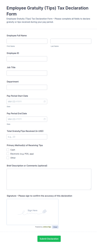Employee Gratuity (Tips) Tax Declaration Form Template