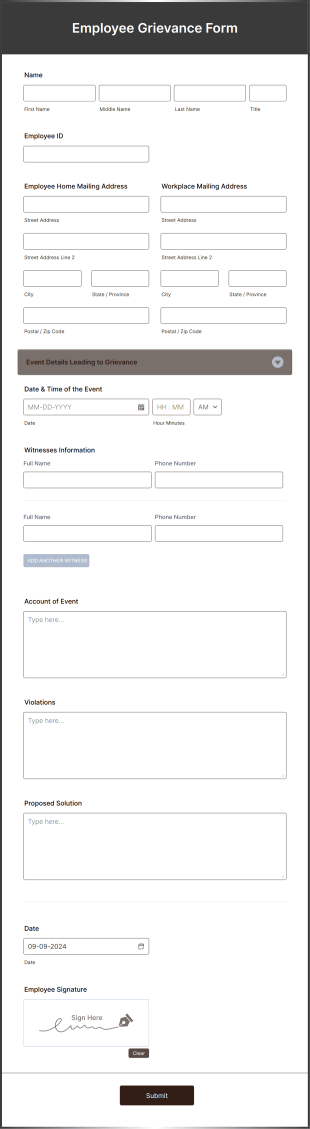 Employee Grievance Form Template